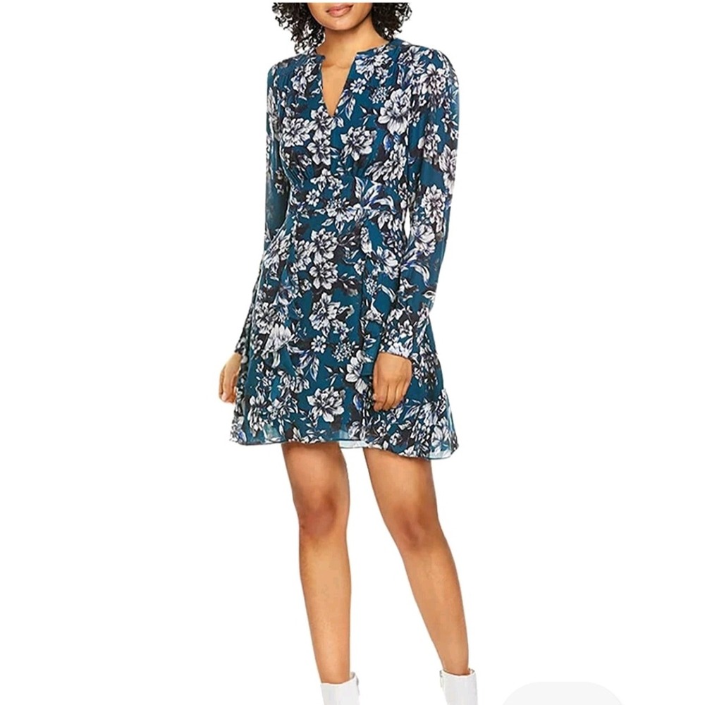 Parker Silk Blend Teal Floral Ruffle Mini Dress Long Sleeve Size 2 Whimsigoth
